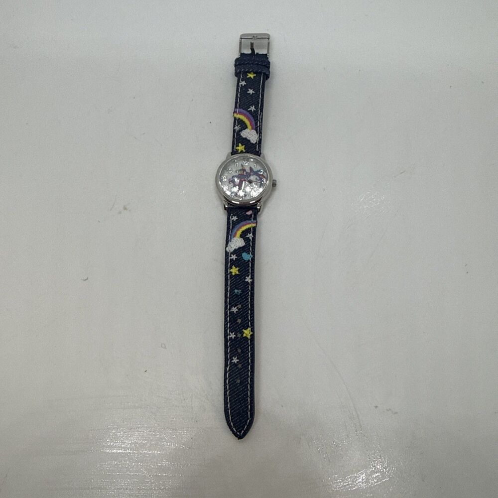 Accutime Watch Girls Unicorn Rainbow Stars Dark Blue Denim  Band (needs battery)